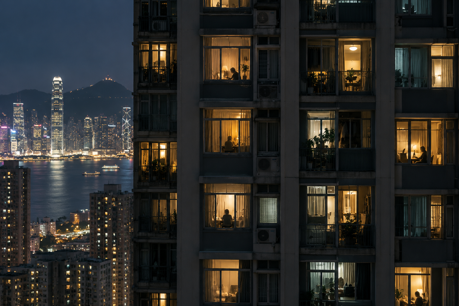 夜晚香港住宅大廈嘅萬家燈火,象徵無數匿名卻互相陪伴嘅生活
